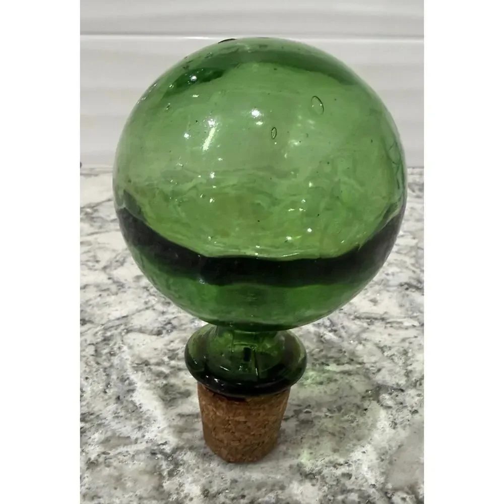 Vintage Hand Blown Emerald Green Glass Ball Decanter Stopper Replacement w/ Cork